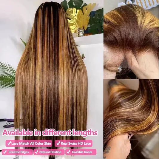 Highlight 4/27 Straight Glueless Lace Wig – 250% Density, 5x5 HD Lace, Human Hair