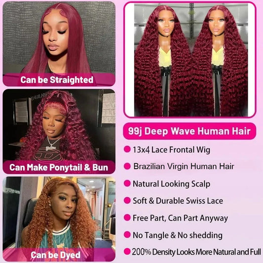 Burgundy 99J Deep Wave Lace Front Wig – Colored Human Hair, 200–250% Density, 30 Inch