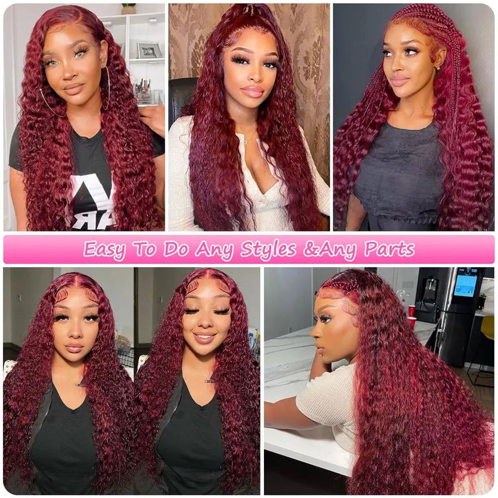Burgundy 99J Deep Wave Lace Front Wig – Colored Human Hair, 200–250% Density, 30 Inch