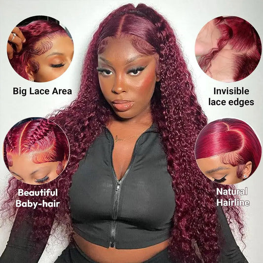 Burgundy 99J Deep Wave Lace Front Wig – Colored Human Hair, 200–250% Density, 30 Inch