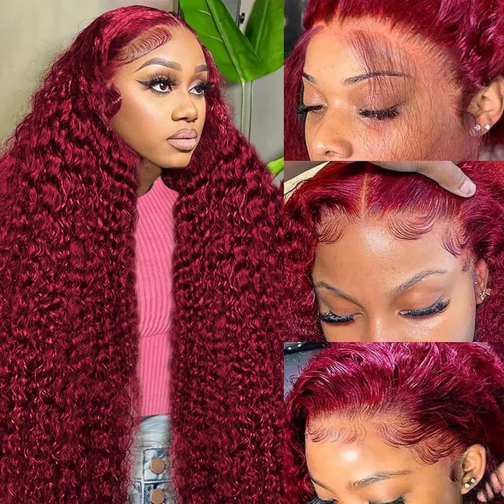 Burgundy 99J Deep Wave Lace Front Wig – Colored Human Hair, 200–250% Density, 30 Inch