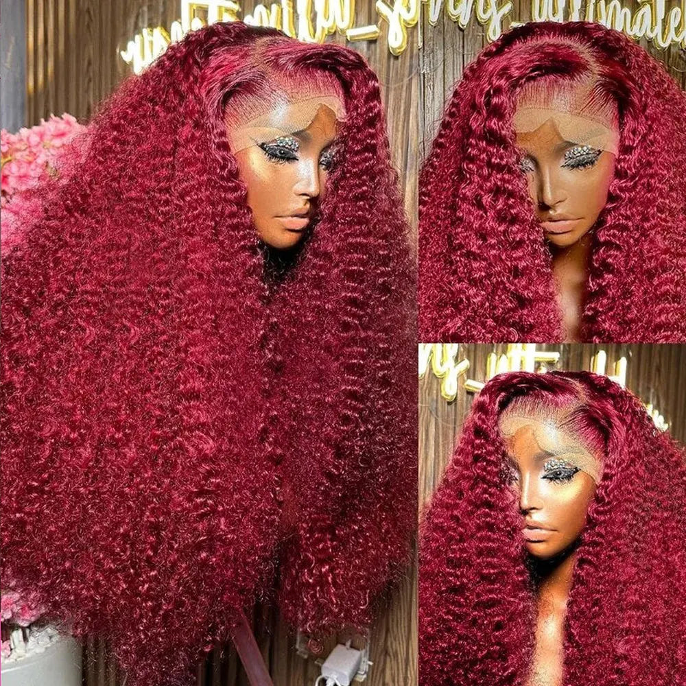 Burgundy 99J Deep Wave Lace Front Wig – Colored Human Hair, 200–250% Density, 30 Inch