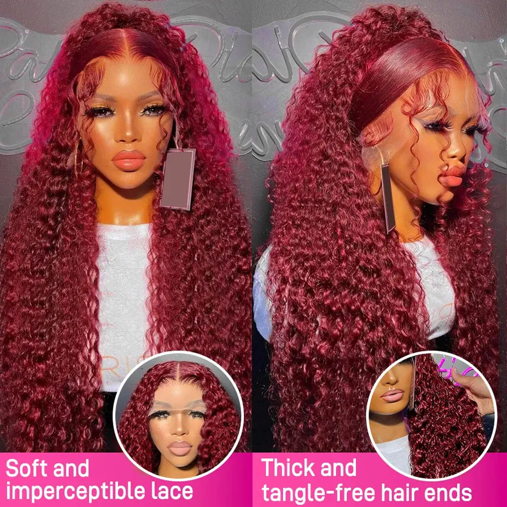 Burgundy 99J Deep Wave Lace Front Wig – Colored Human Hair, 200–250% Density, 30 Inch